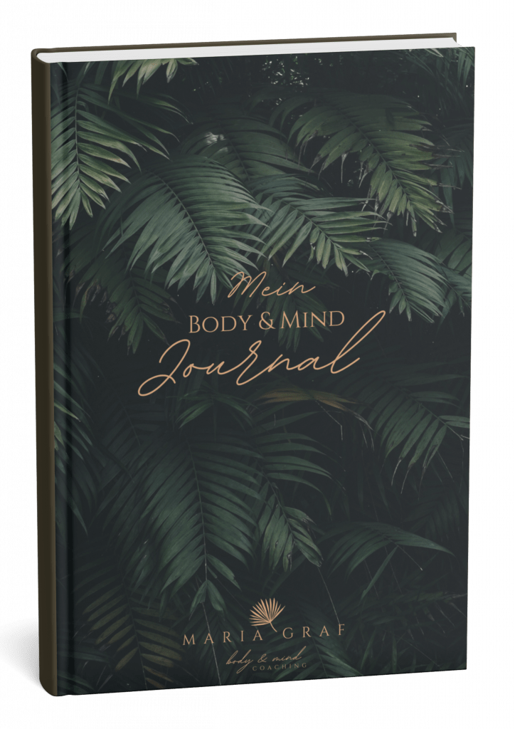Body & Mind Journal Cover, Body & Mind Journal Innenseiten, Journal für persönliche Entwicklung, hochwertiges Softcover Journal, Journal mit Wochenreflexion, Tagebuch für Selbstcoaching, strukturiertes Achtsamkeitstagebuch, modernes Design Journal, Journal aufgeschlagen, Journal Beispielseite